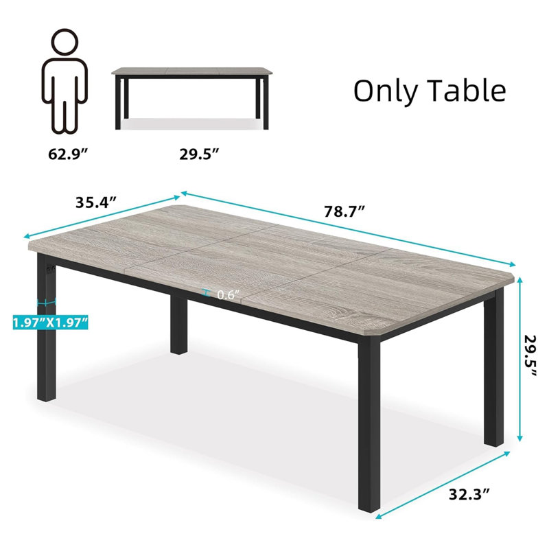 Table de salle à manger industrielle 78,7 po pour 6-8 personnes avec structure en métal robuste, table seulement, Gris