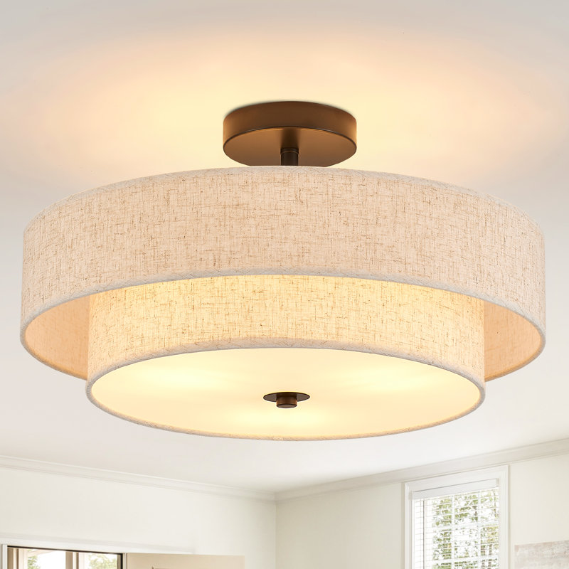 Plafonnier semi-encastré 3 lumières en lin tambour moderne, Noir mat