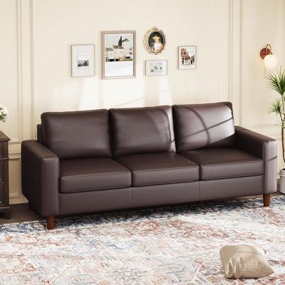 86" Leather Sofa for Living Room, Mid-Century Modern Couch with Deep Seats, Brown Faux Leather Couch, 3 Seat Sofa with Removable Cover for Apartment, Office