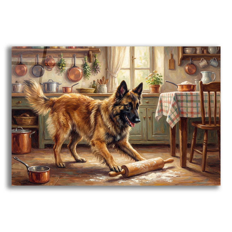 Art mural en verre 24 po x 16 po «Belge Malinois dans la cuisine» par Rich Monet, H 16 po x l 24 po