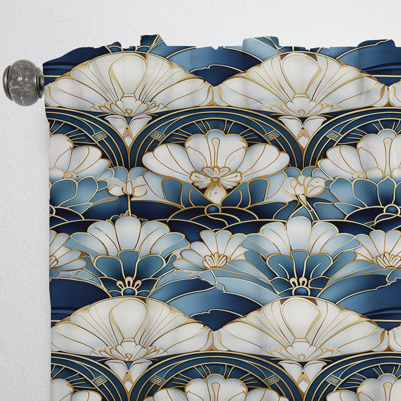 Damas bleu et blanc des années 1970, art déco - Rideau bohémien - Velours obscurcissant - 1 panneau, L 52 po x L 84 po