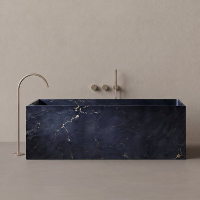 67" Rectangular Freestanding Bathtub Matte Black & Glod Veining Design Stone Resin Soaking Tub With Thick Sloped Backrest