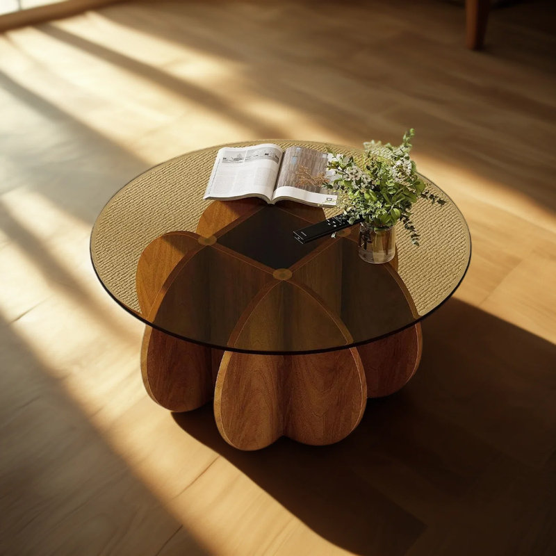 Table basse en forme de citrouille avec plateau en verre trempé et structure robuste en MDF, montage sans outil, pièce maîtresse moderne pour le salon