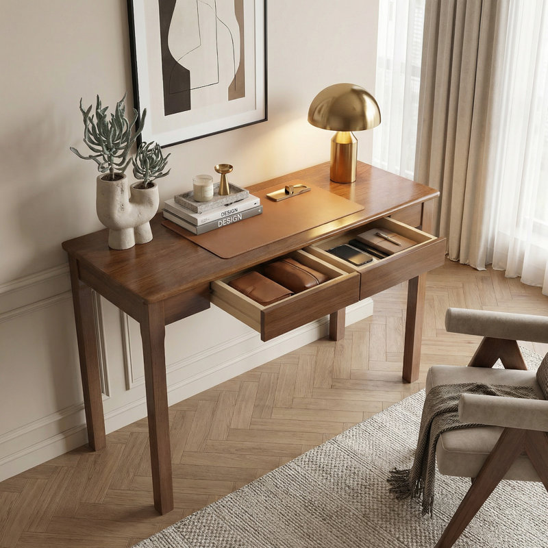 Bureau en bois massif avec tiroirs - Bureaux étroits pour petits espaces, bureaux de style Mid-Century moderne, petit bureau d'écriture d'ordinateur en bois rétro, table d'étude pour bureau à domicile, noyer