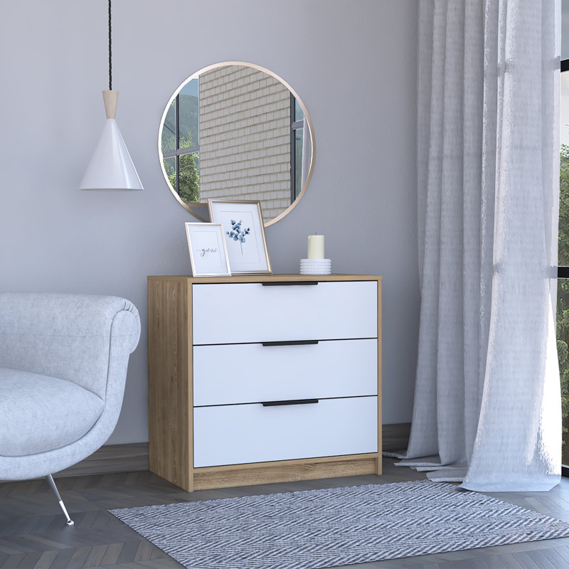 Commode et table de chevet Kaia, commode 27 po avec 3 tiroirs pour la chambre à coucher, Blanc / pin