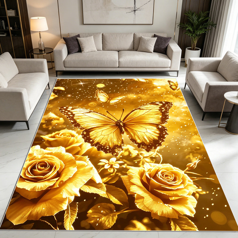 1PC Luxury Sparkling Golden Rose Butterfly area rugs for Living Room, Soft, All seasons, Easy-maintain, Washable Indoor mat, Farmhouse suitable for dining table, entryway, bedroom, kitchen, hallway, patio, Home Decor, Outdoor Decor.