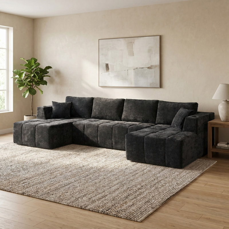 Canapé modulaire en chenille de 132,02 po en U, canapé modulaire à compression avec salons modulaires, canapé rembourré moderne avec porte-gobelets et poches latérales pour le salon