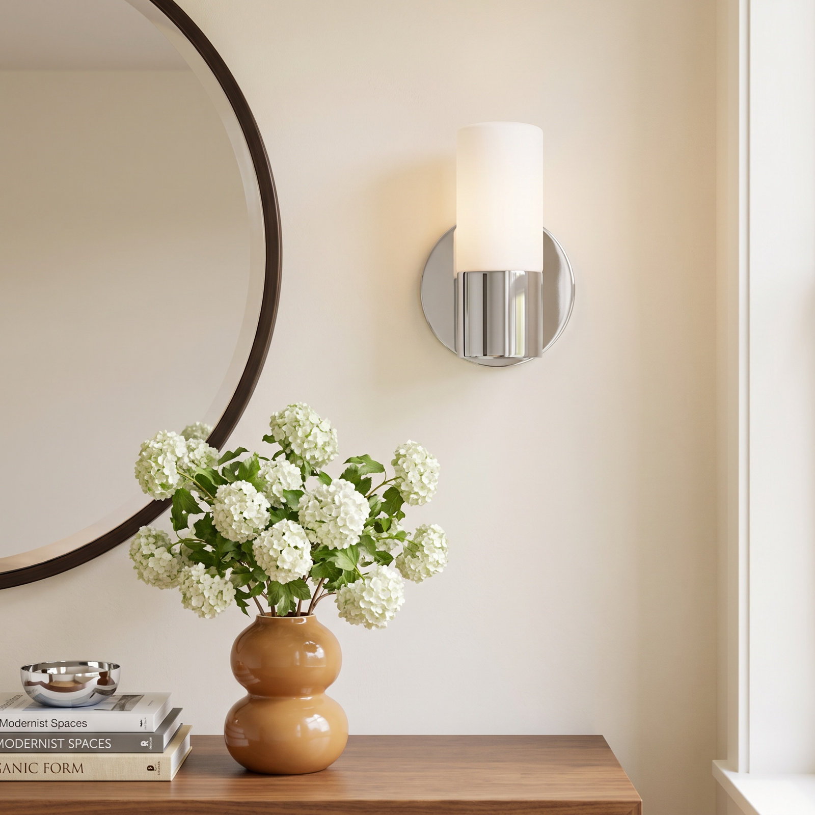 Otto Single Light Glass Dimmable Armed Sconce, Polished Nickel