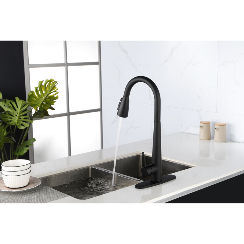 Single Handle Pull Down Kitchen Sink Faucet Of Stainless Steel, Matte Black Colorant, 360 Rotating High - Arc Nozzle, Three Water Output Selections  Stream, Spray,  , Easy Temperature And Flow