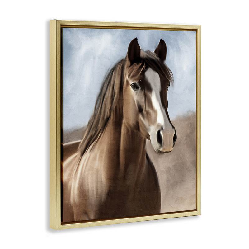 Art mural sur toile encadrée avec cheval, Cadre flottant métallique doré, H 31 po x l 25 po