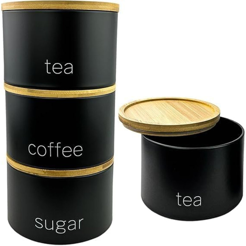 3PCS Round Tea Coffee Sugar Storage Set Airtight Kitchen Canister Jars Pots