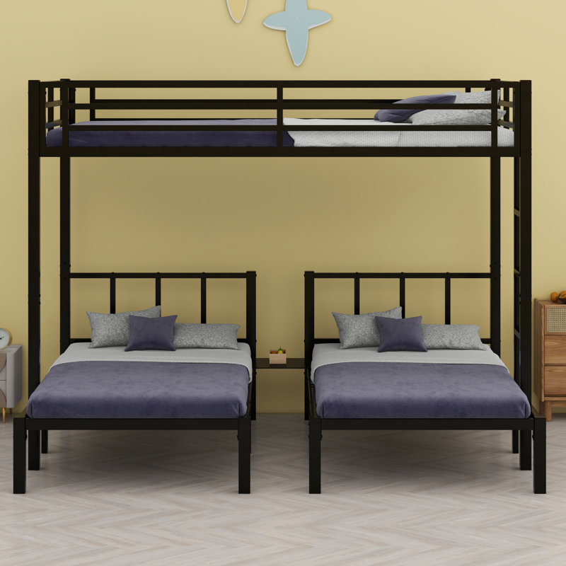 Metal Triple Bunk Bed With Safety Guardrails