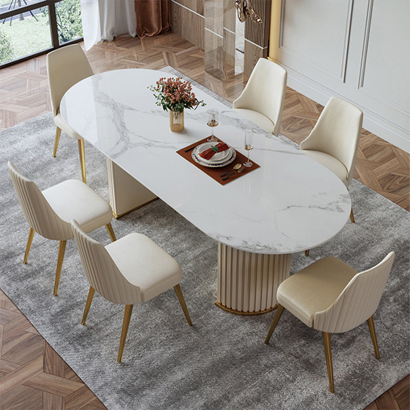 Table de salle à manger blanche et blanche en pierre frittée ovale et cristal