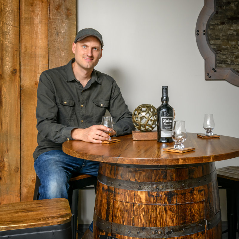 Whiskey Barrel Pub Table with 36" Solid Oak Top Handmade Rustic Bar Table Crafted by Family-Owned Mystic Barrels