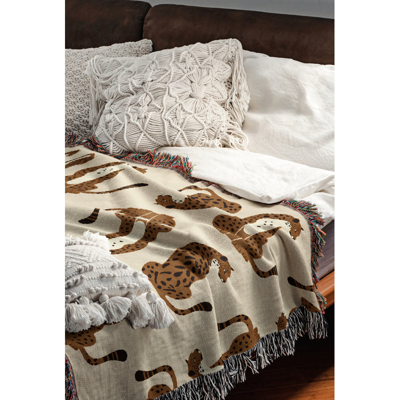 Jeté en mélange de coton Ren Leopard, Orange / orange brûlé, L 80 po x l 60 po