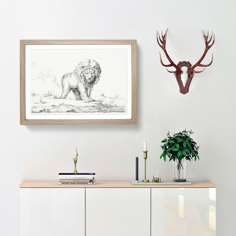 Lion by Jean Bernard - Picture Frame Drawing Print, Oak Framed, 27cm H x 36cm W x 2cm D