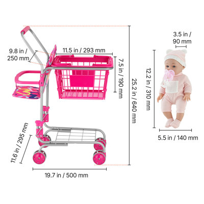 Shopping Cart for Kids, Sturdy Metal Frame, Grocery Store Pretend Play Toy Cart with Baby Doll, Rolling Wheels, Basket, Toy Shopping Trolley, Folds for Easy Storage, for Kids & Toddlers Ages 3+