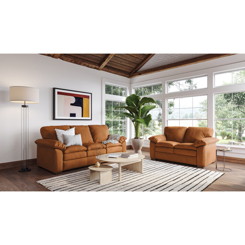 Capri 68" Wide 100% Full Top Grain Leather Loveseat, Plush Saddle Genuine Leather