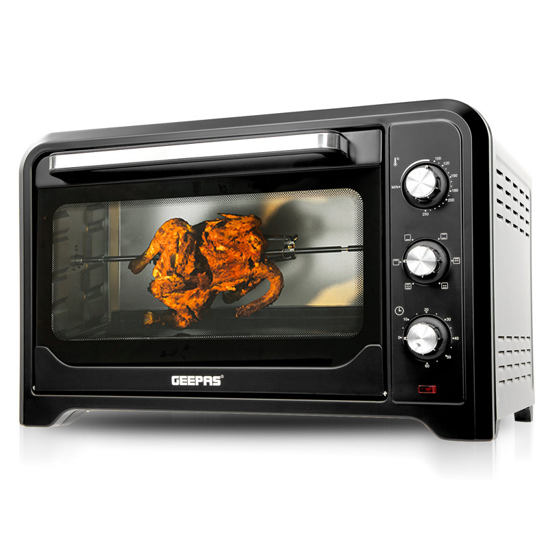 GEEPAS Mini Oven & Grill Rotisserie Baking Roasting & Grilling 1600W Temp Control 100–230°C Double Glass Door 60min Timer Auto Shut Off Bell