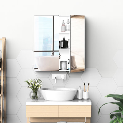 Armoire murale argentée en acier inoxydable pour salle de bain 24 po x 26 po - Double porte en miroir pour économiser de l'espace et rouiller