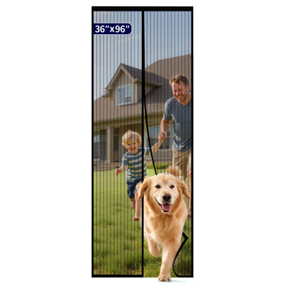Magnetic Screen Door - 36.0 x 96.0'' Retractable Screen Door Mesh for Front Door or Sliding Door, Pet & Kid Friendly, Hands-Free Closure Keeps Bugs Out & Lets Breeze in, Stripe Black