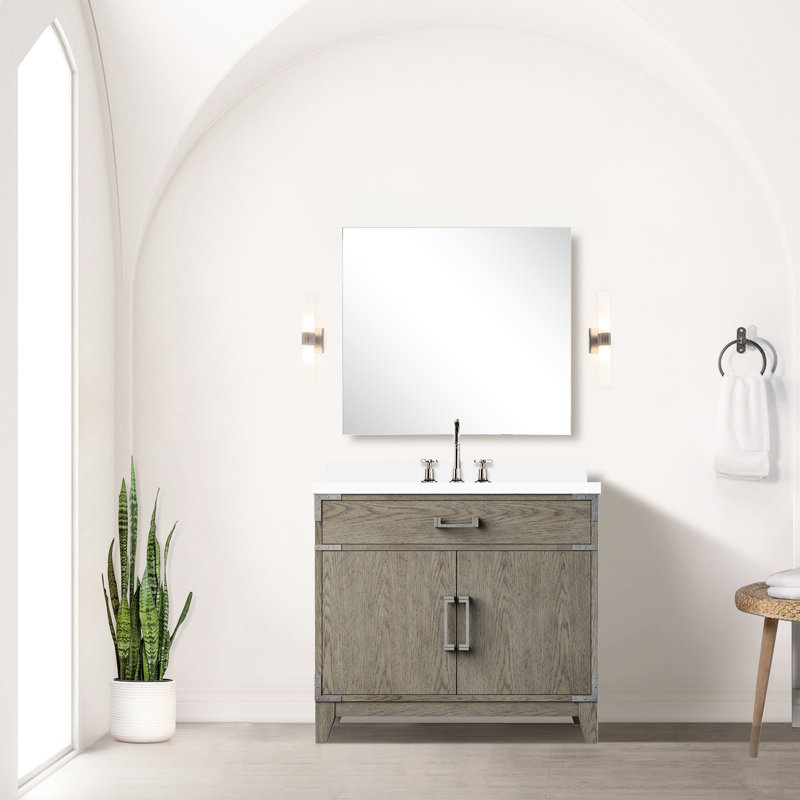 Meuble-lavabo simple en chêne gris l 36 po x P 22 po, comptoir en marbre de culture, miroir de 34 po et robinet de salle de bain