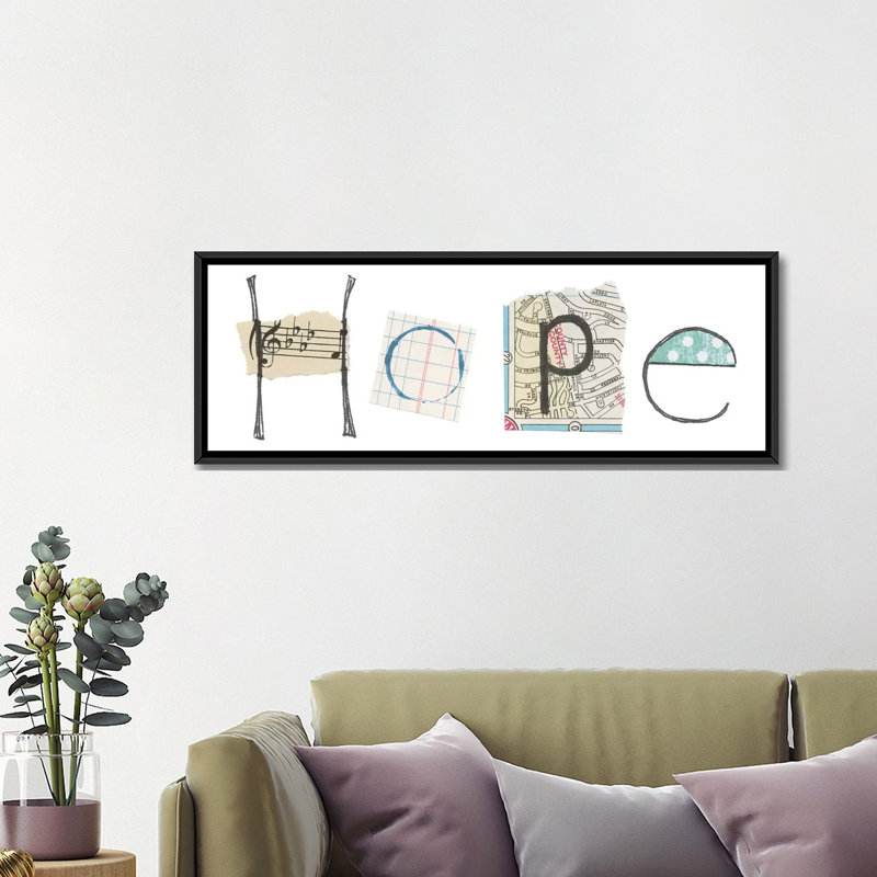 «Hope», art textuel sur toile, H 12 po x l 36 po x P 1,5 po, Cadre noir