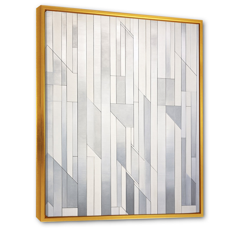 Gris, blanc, platine, parallèles - formes abstraites, art mural, H 44 po x l 34 po x P 1,5 po, Cadre flottant doré