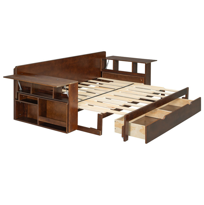 Grand lit de jour avec bureau amovible, tiroirs de rangement et table d'appoint hydraulique, espresso, Grand lit, Brun