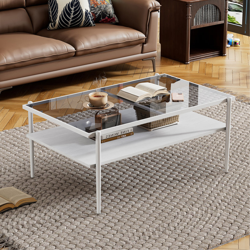 Table basse rectangulaire avec plateau en verre trempé gris et pieds blancs, table moderne pour le salon, Blanc