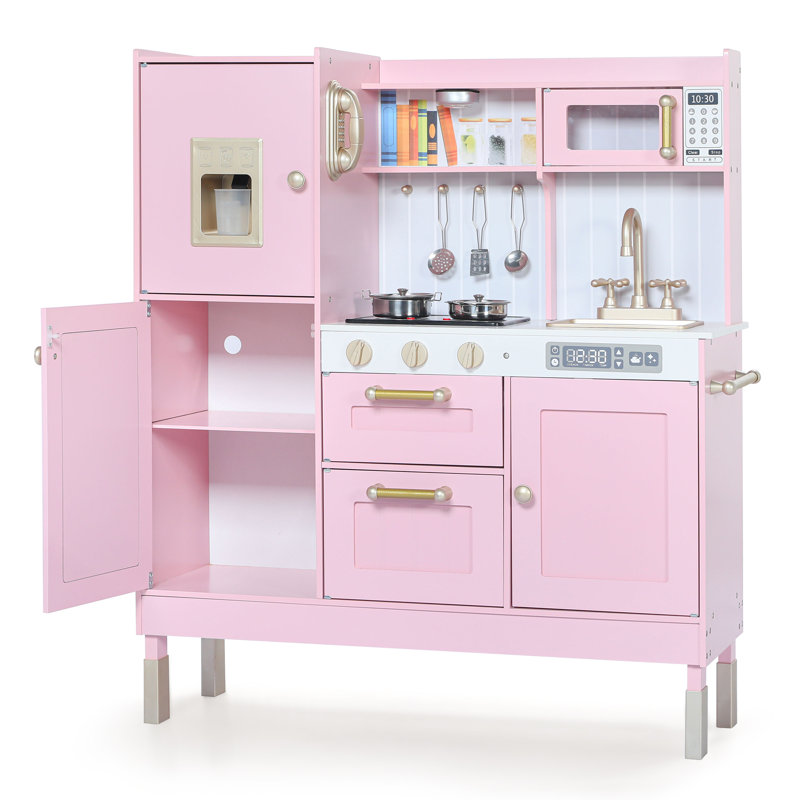 Pretend Play Kitchen Wooden Toy Set for Kids w/Lights & Sounds, Utensils, Oven, Microwave, Gift for Boys Girls Age 3+, Pink