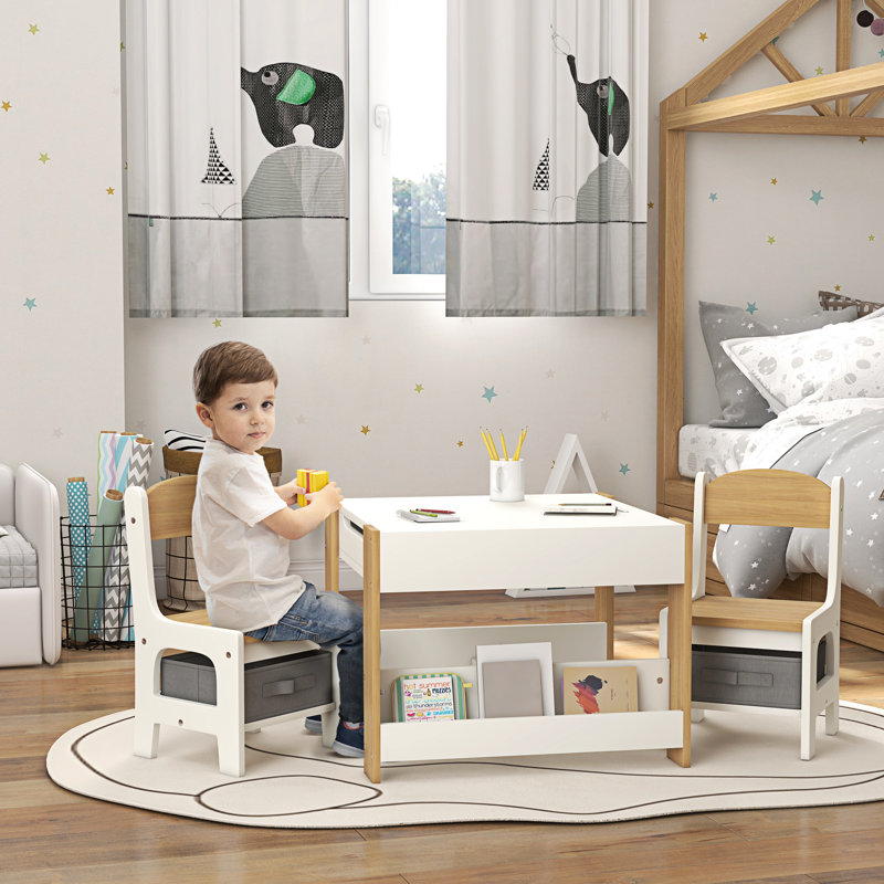 Qaba 3 Piece Kids Table And Chair Set, 2 In 1 Toddler Table And Chair Set With Reversible Tabletop, Blackboard, Storage, Bookshelves, For Playroom, Nursery, Classroom,wood