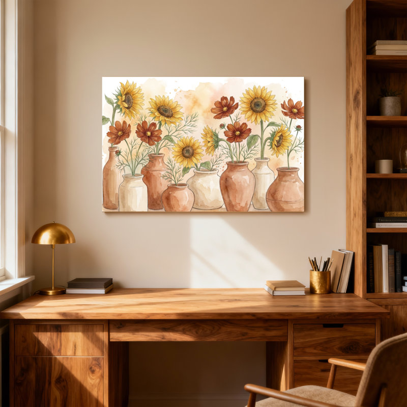 Plantes et fleurs tournesols et marguerites dans des vases en céramique, H 12 po x l 18 po