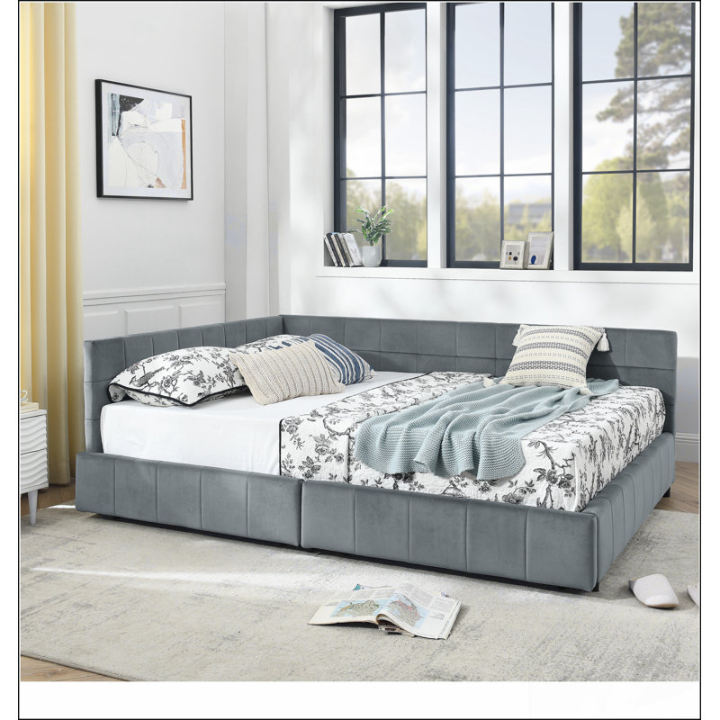Structure de lit tapissier pour grand lit avec dossier et accoudoirs confortables, idéal pour les chambres à coucher modernes et les salons, finition gris velours