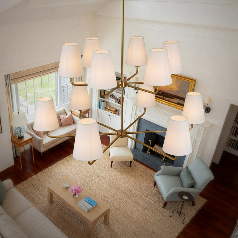 12-Light Adjustable Sputnik Chandelier – Linen Shades, Sloped-Ceiling Compatible, Dimmable Dining Room Statement Fixture.