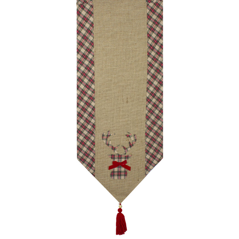 Red and Brown Burlap and Plaid Reindeer Christmas Table Runner, 36" x 0.5", Red