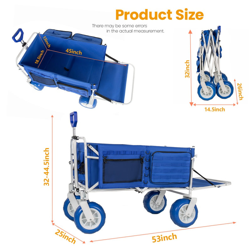 Wagon de plage tout-terrain bleu 500 lb - 150 l, roues en PVC de 9 po, pliable avec glacière et sacs