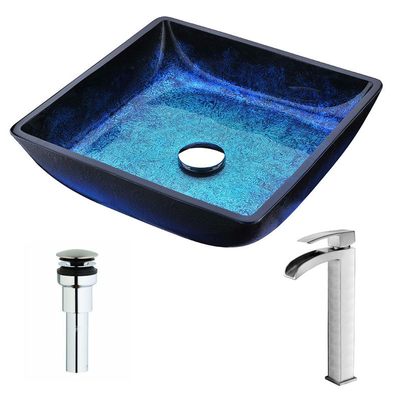 ANZZI Viace 15.13 " Tempered Glass Square Bathroom Sink with Faucet, Brushed Nickel