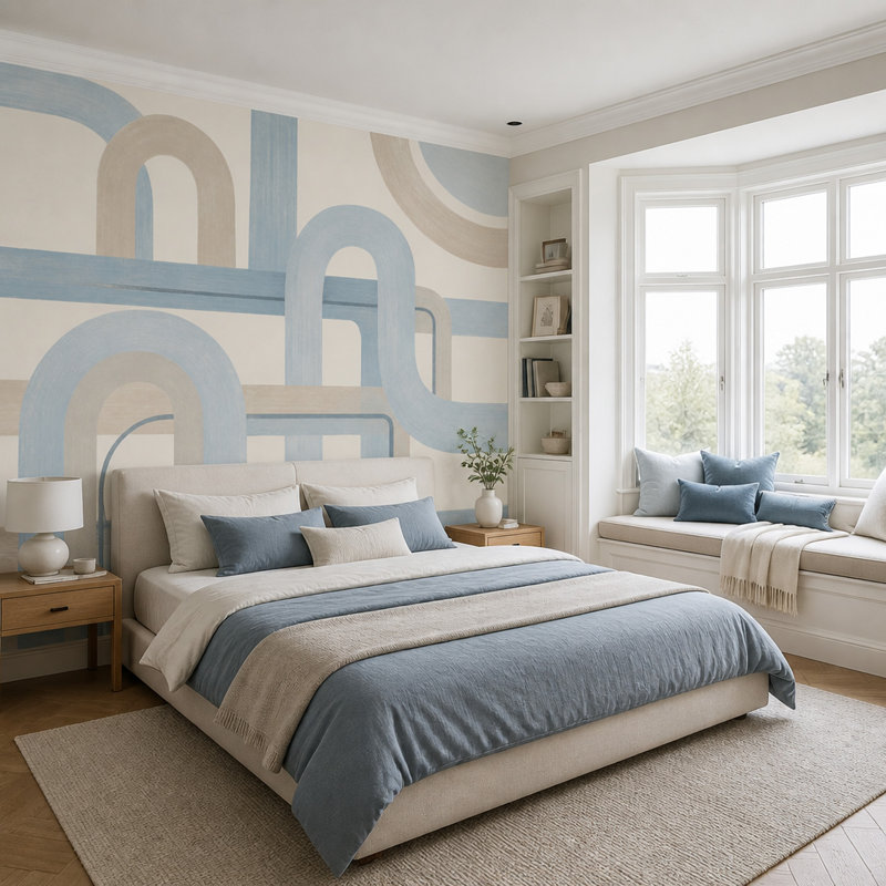 Papier peint géométrique amovible bleu pastel, 100"x96", Peler et coller