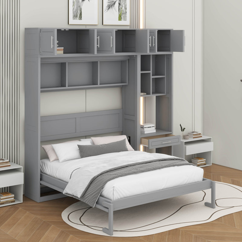 Queen Size Wall Murphy Bed With Desk, Grey, Queen