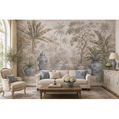 Tropical Landscape Wallpaper Palm Trees Removable Blue And White Porcelain Wall Decor