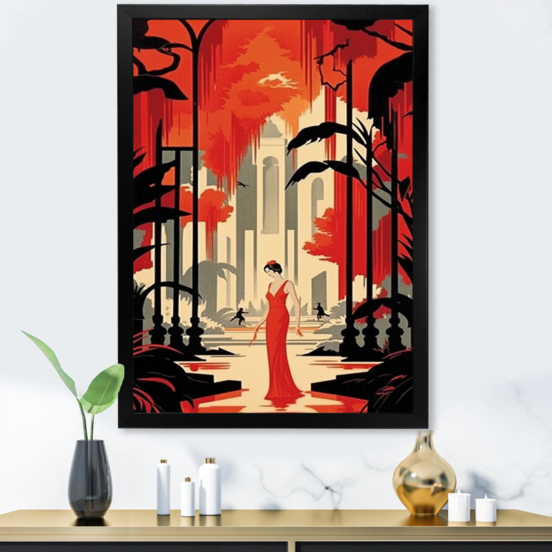 Art déco, dame en robe de soirée rouge - imprimé, H 32 po x l 16 po x P 1 po, Cadre simple noir