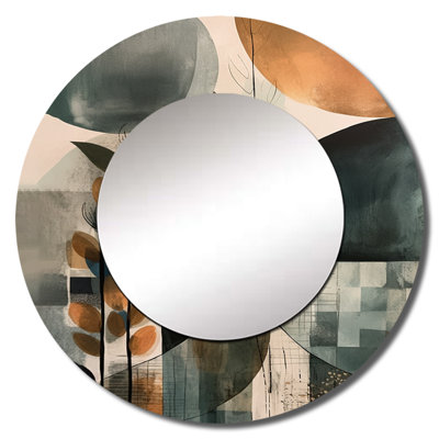 Priscylla Green And Brown Artistic Liberation II - Boho Feather Decorative Mirror, Green Round Wall Mirror, Printed Metal Art
