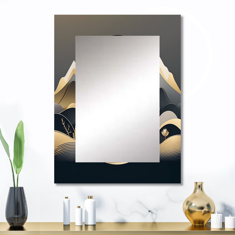 Dreamy Golden Mountain II - Marble Decorative Mirror, Modern Wall Mirror, Printed Metal Art, 32" x 24"