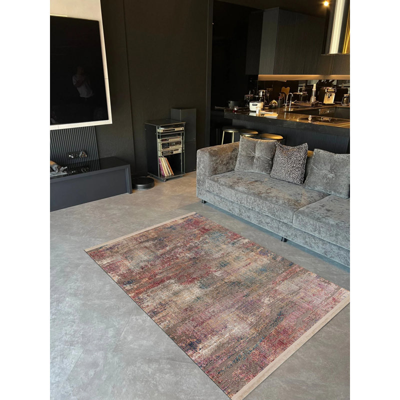 Tapis intérieur / extérieur rose / gris en polypropylène tissé à la machine Vanio, Rectangle 4 pi 4 po x 6 pi 3 po