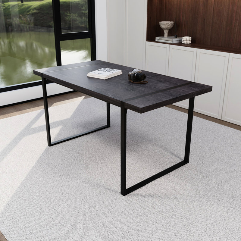 59" Black Dining Table With Metal Legs, Modern Industrial Look, 4-6 Seater, Home & Kitchen Table, 1.5" Thick Tabletop, Seating,