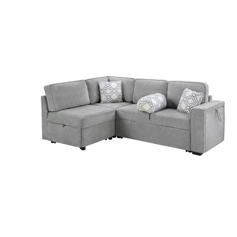 Canapé-lit modulaire convertible en L de L 83,9 po avec couchettes coulissantes doubles, table rabattable, ports USB, porte-gobelet et rangement pour le salon, gris clair