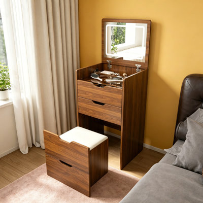 Bureau de coiffeuse 3 en 1 avec miroir éclairé et tabouret, coiffeuse à plateau rabattable, rangement compact pour la chambre à coucher, la salle de bain et le vestiaire (L 18,9 po, noyer)