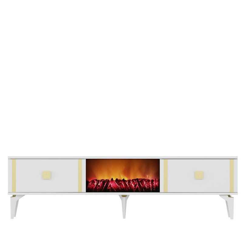 Modern TV Stand with Electric Fireplace, White & Gold, 59.1 x 17.6 x 11.6 inches | 100% Melamine Coated Particle Board, LED Light & Grinded Glass Front | Stylish Home Entertainment Solution for Glam Living Rooms