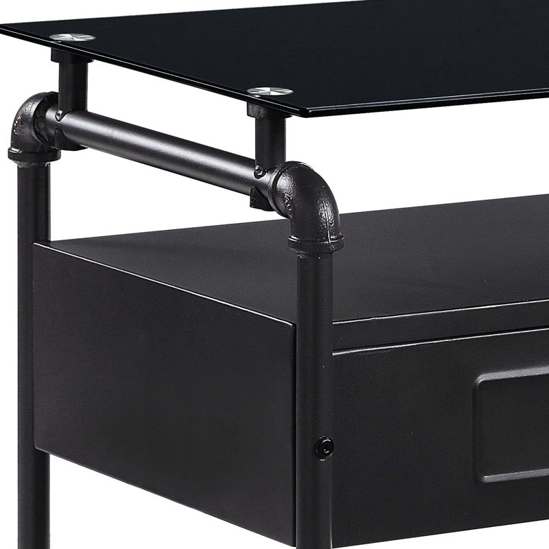 Table de chevet en métal gris avec éléments de style moderne et surface en verre trempé industriel